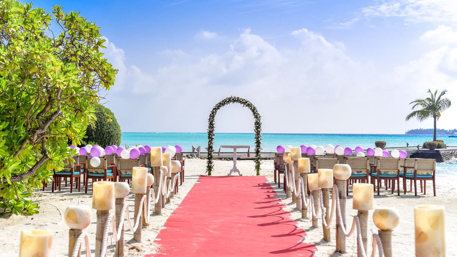 Rows of chairs and a red aisle runner lead to a floral arch on a palm-fringed beach under a clear sky.